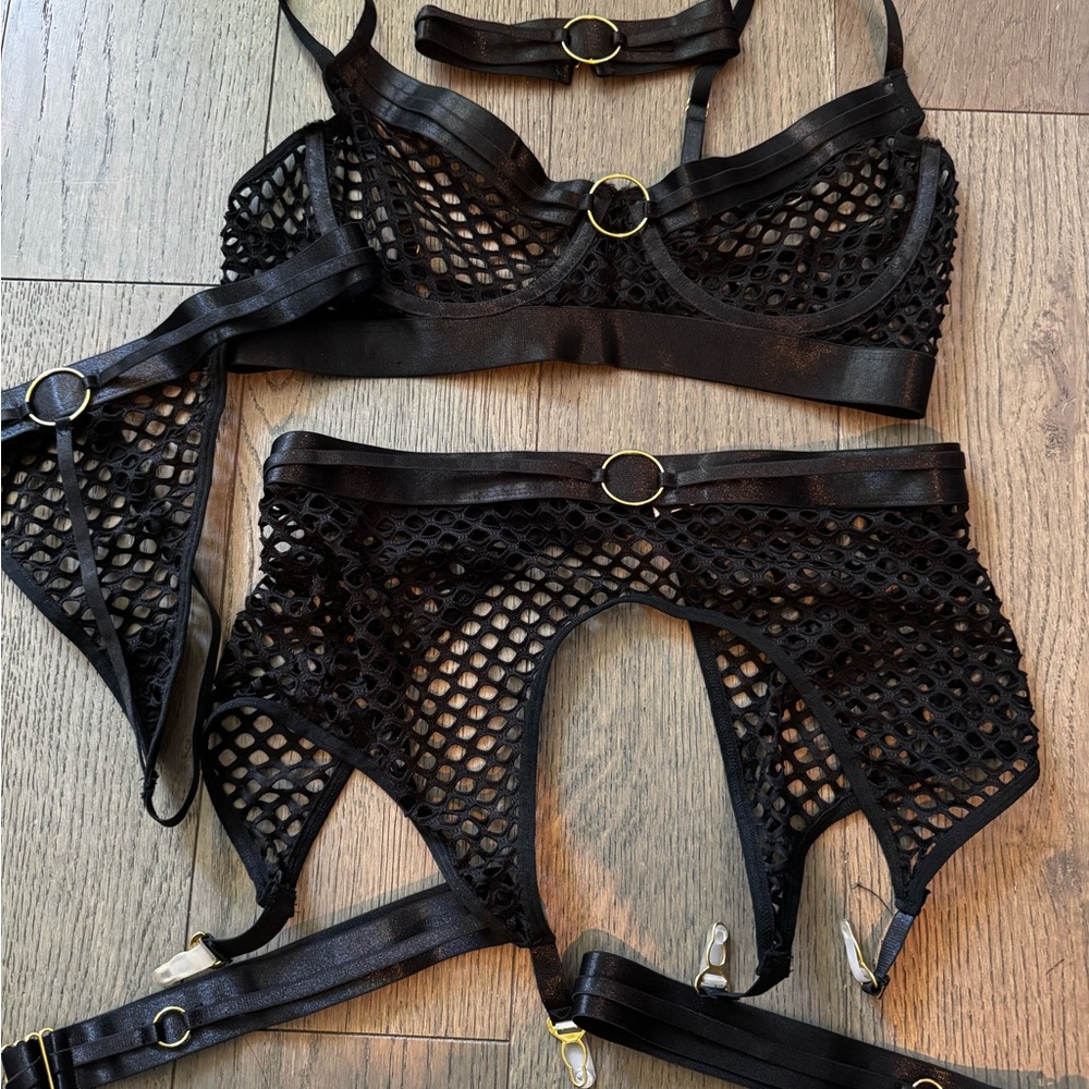 Black Mesh Fishnet Lingerie Set with Gold Accents